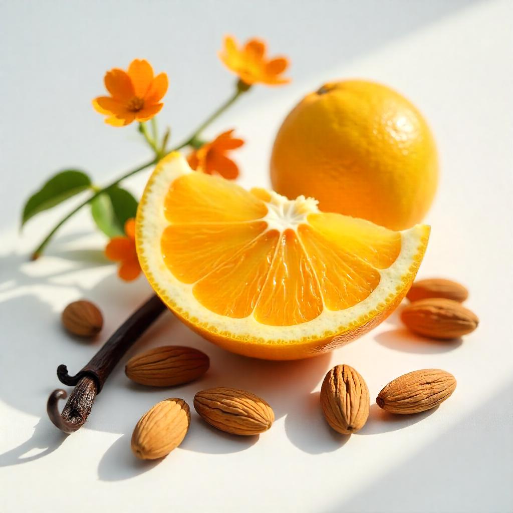 Orange, Grasse rose and almonds representing the olfactory notes of the perfume.