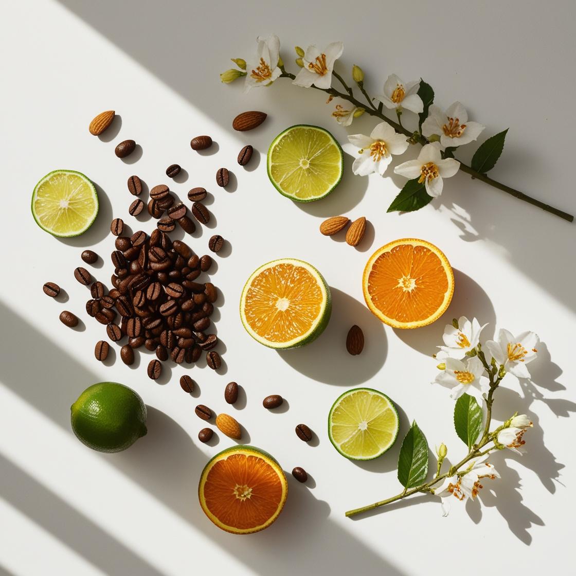 Lime, jasmine, almond and coffee beans representing the olfactory notes of the perfume.