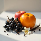 Apple, orange and blackcurrants representing the olfactory notes of the perfume.