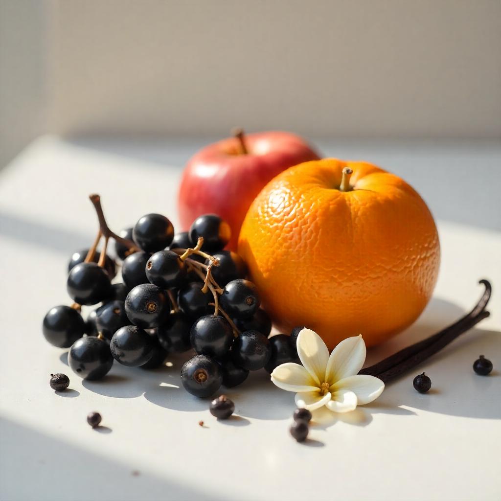 Apple, orange and blackcurrants representing the olfactory notes of the perfume.