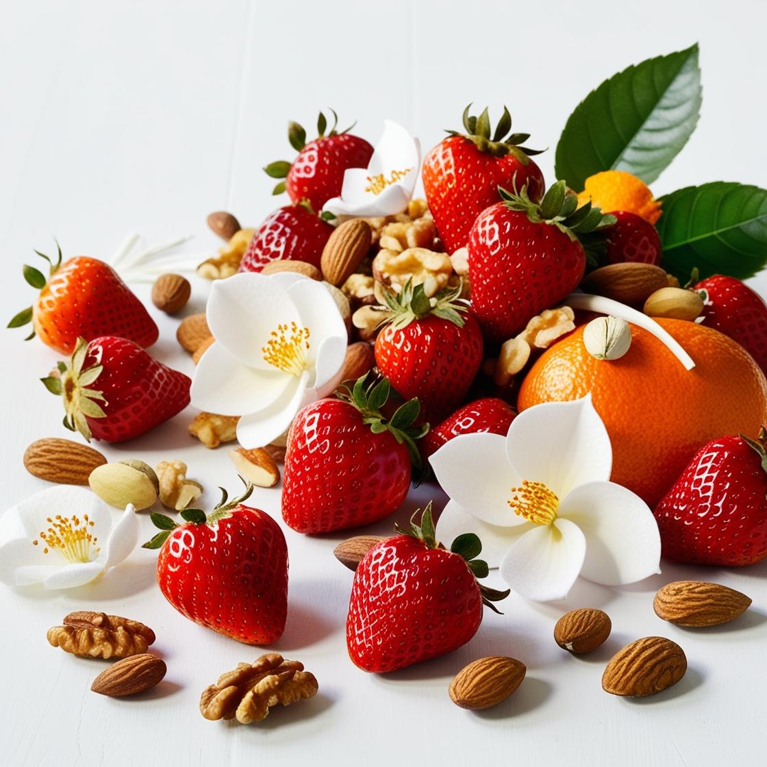 Orange blossom and strawberries surrounded by dried fruit representing the olfactory notes of the perfume.