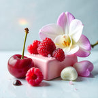 Marshmallow, cherry and raspberries representing the olfactory notes of the perfume.