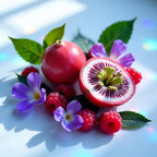 Passion fruit, raspberries and violet leaves representing the olfactory notes of the perfume.