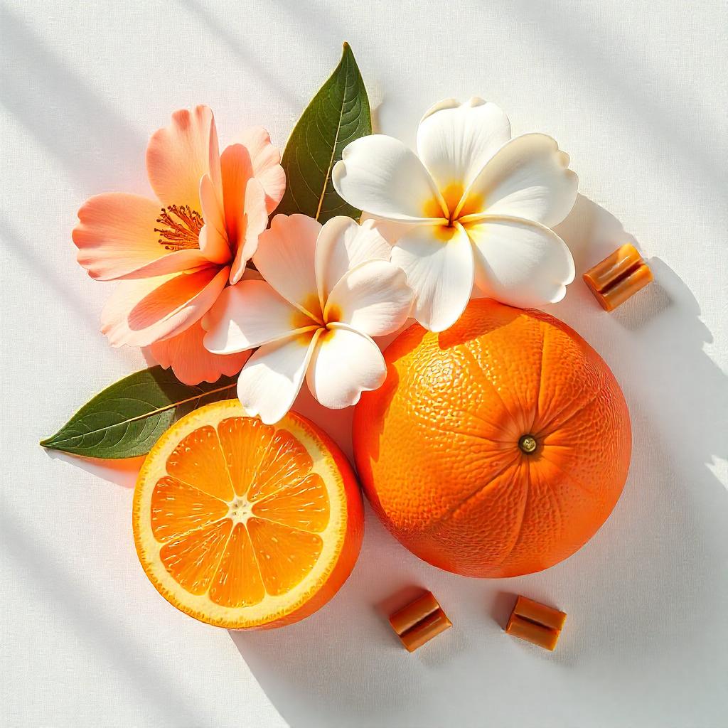 Orange, jasmine and beeswax representing the olfactory notes of the perfume.