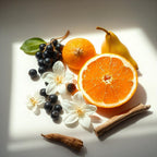 Perfume scent notes with orange blossom, orange, pear, blackcurrants and wood