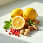 Perfume scent notes with lemon, ginger, pink pepper, seeds and mint leaves