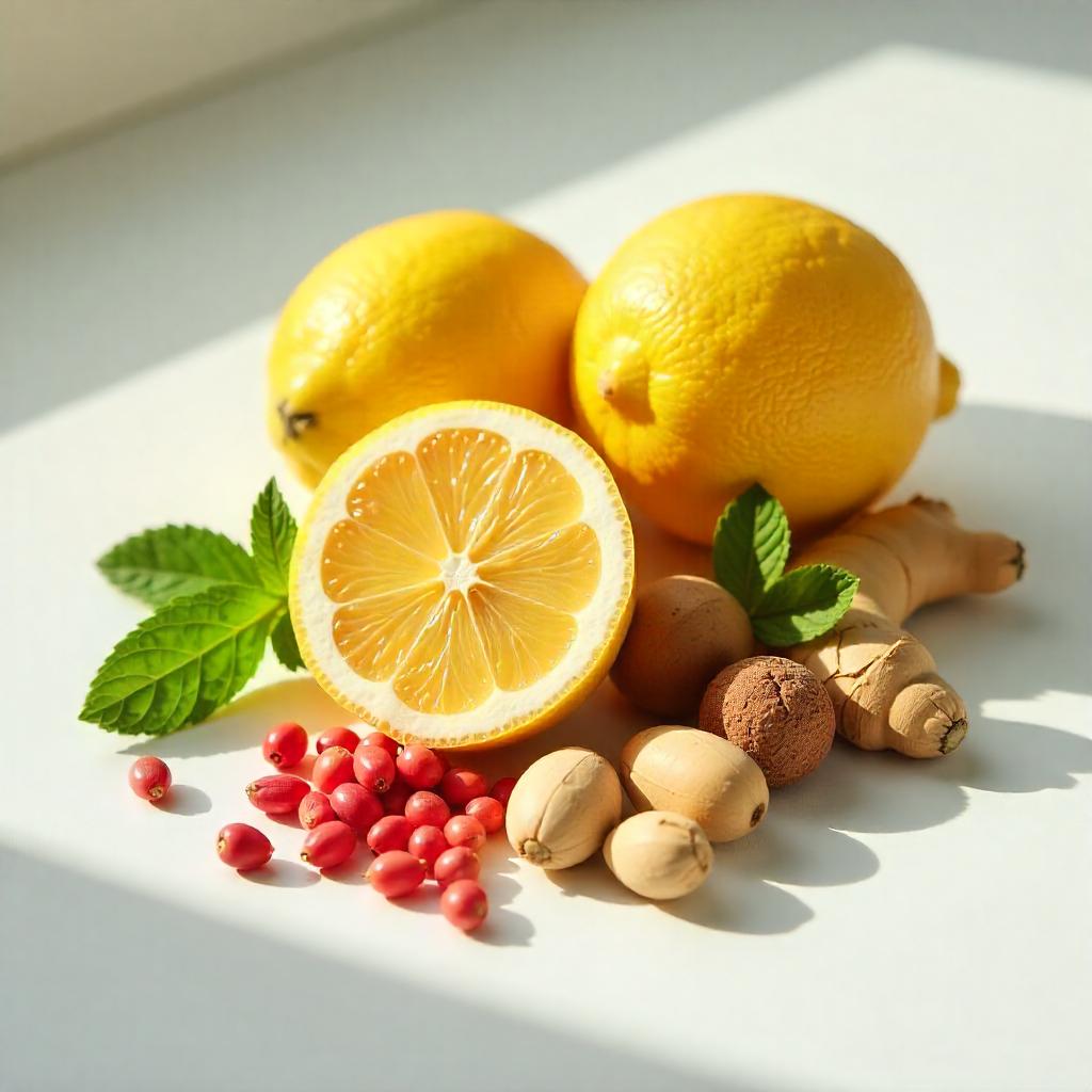 Perfume scent notes with lemon, ginger, pink pepper, seeds and mint leaves