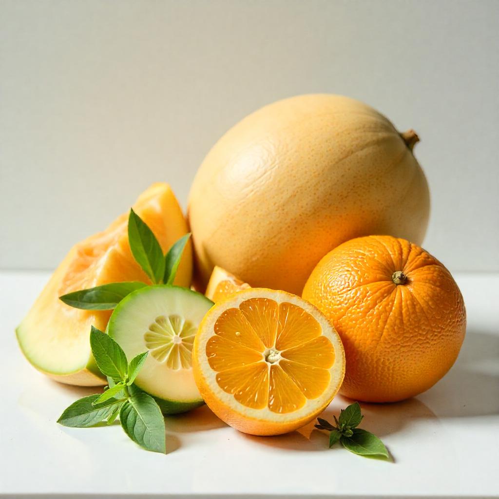 Melon, mandarin and cucumber representing the olfactory notes of the perfume.
