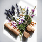 Perfume scent notes with lavender, white and lilac flowers, moss, wood and dried petals