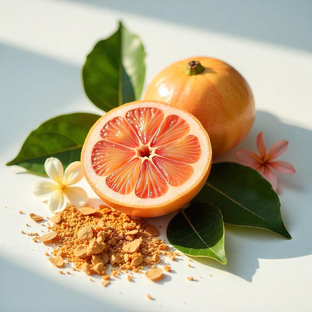 Grapefruit, mandarin and bay leaves representing the olfactory notes of the perfume.