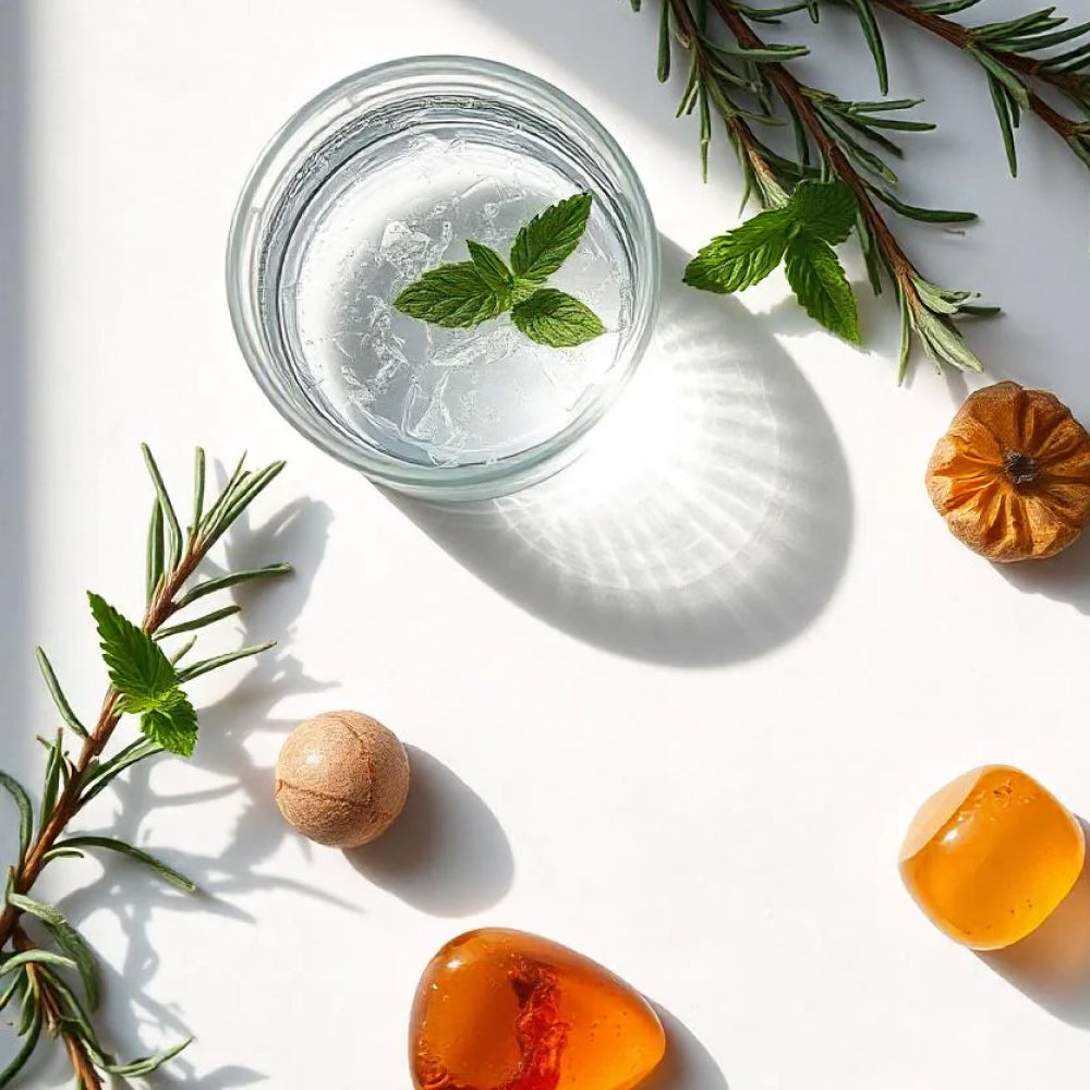 Glass with water and mint surrounded by a cedar leaf representing the olfactory notes of the perfume.