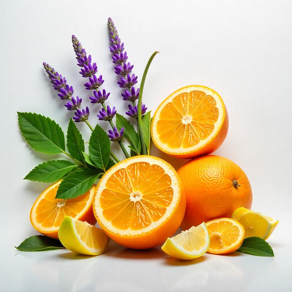 Mandarin, lemon and lavender representing the olfactory notes of the perfume.