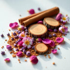 Wooden logs, rose petals and cinnamon on nutmeg representing the olfactory notes of the perfume.