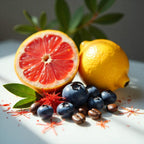 Grapefruit, blueberries and coffee beans representing the olfactory notes of the perfume.