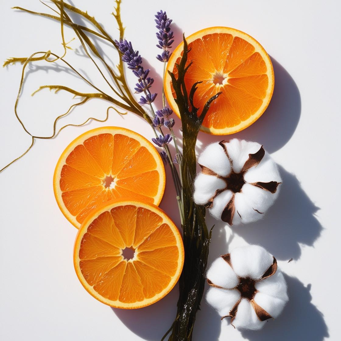 Orange, cotton flower and lavender representing the olfactory notes of the perfume.