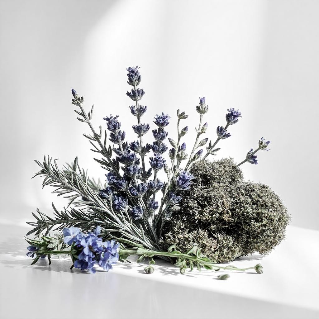 Rosemary, lavender and moss representing the olfactory notes of the perfume.