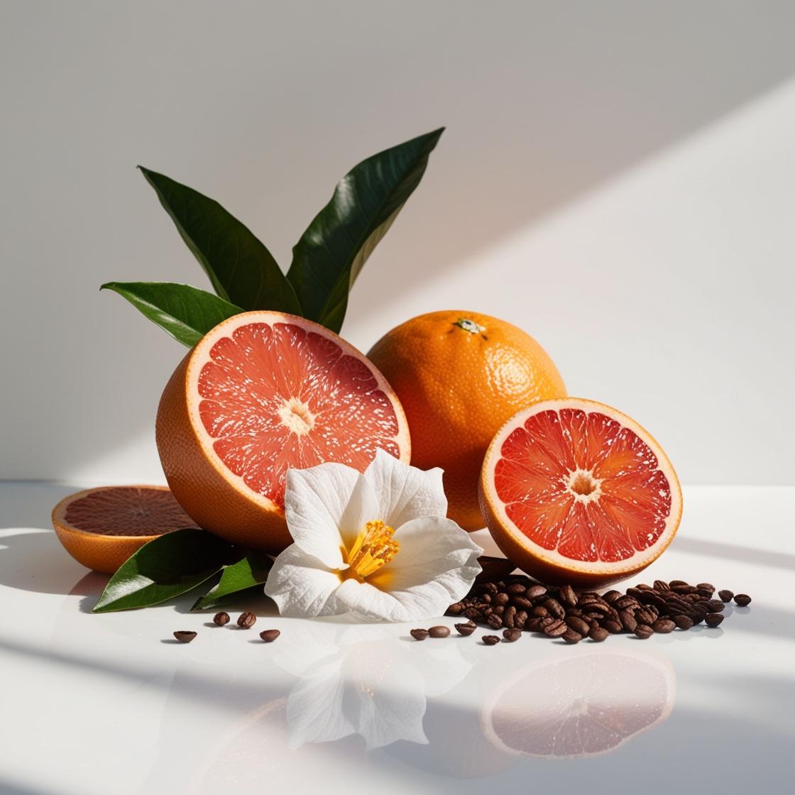 Orange, grapefruit, white cuaba flower and coffee beans representing the olfactory notes of the perfume.