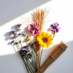 Hay, grain and calendula representing the olfactory notes of the perfume.