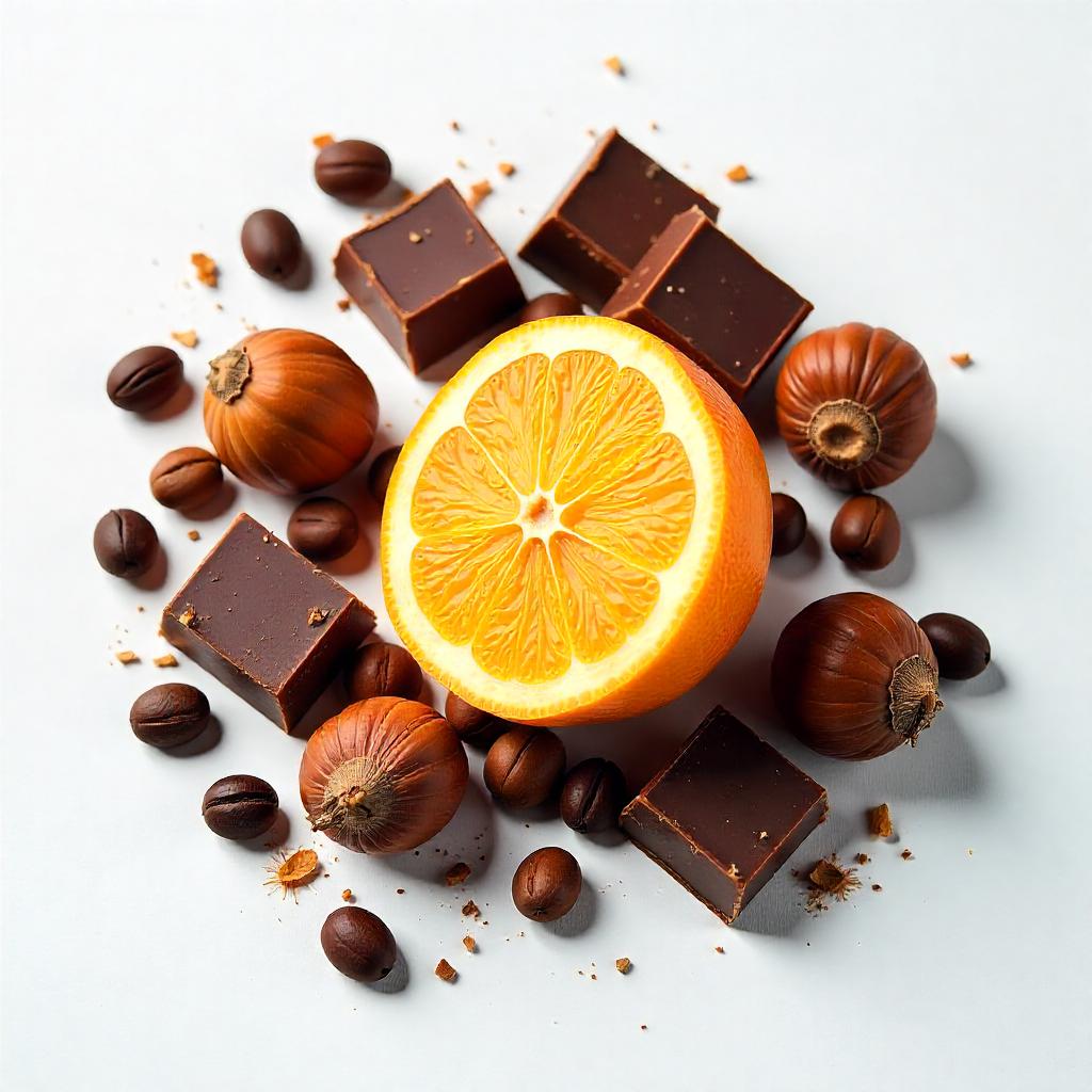 Orange, chocolate, hazelnut and coffee beans representing the olfactory notes of the perfume.