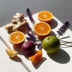 Mandarin, ginger and lavender representing the olfactory notes of the perfume.