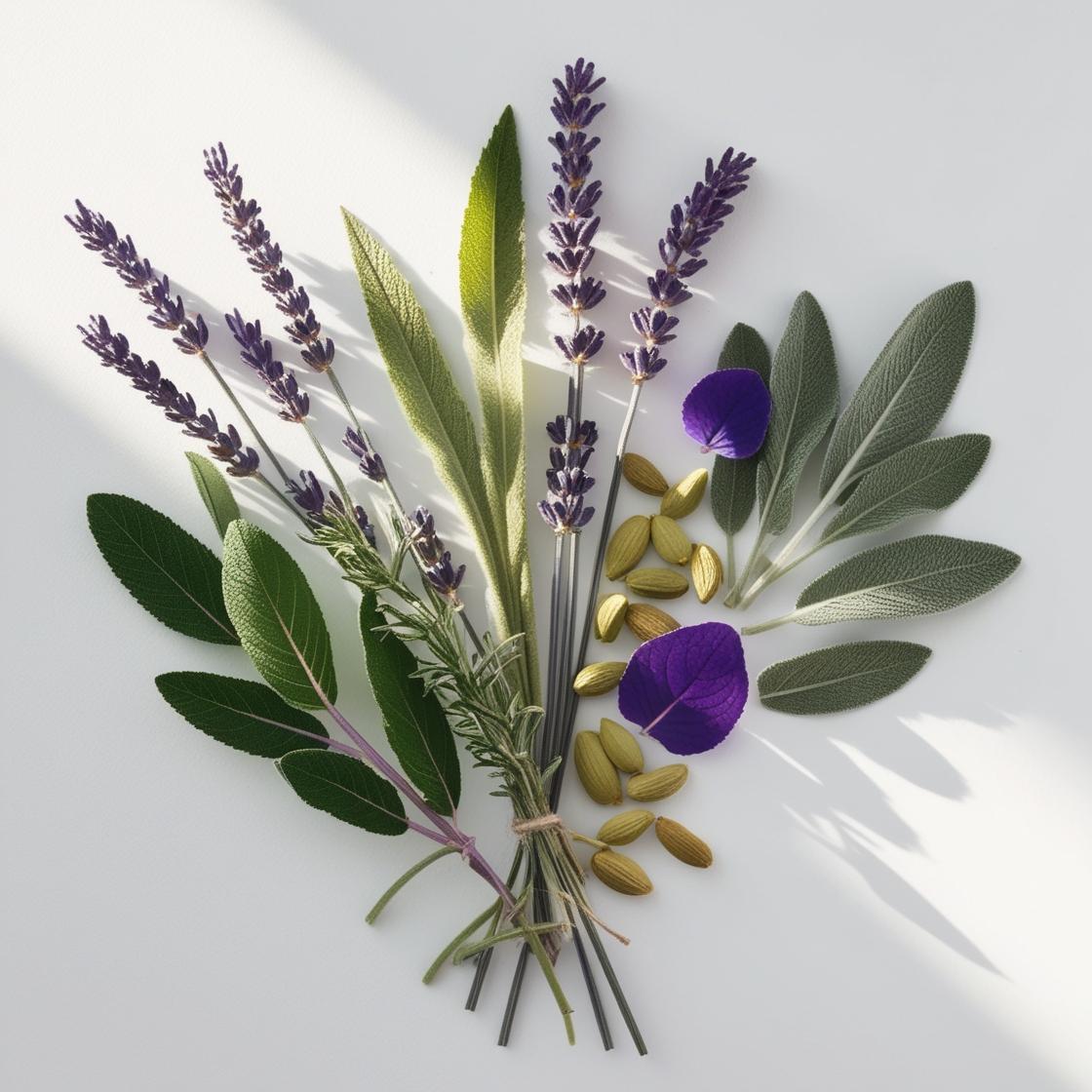 Lavender, bergamot and sage representing the olfactory notes of the perfume.