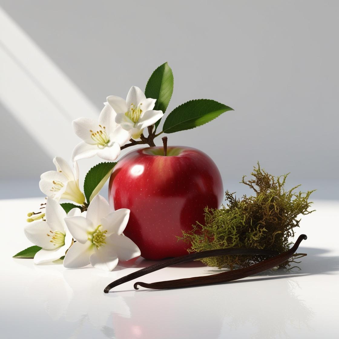 Apple, jasmine and moss representing the olfactory notes of the perfume.