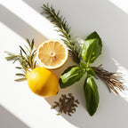 Lemon, rosemary, basil and bergamot representing the olfactory notes of the perfume.