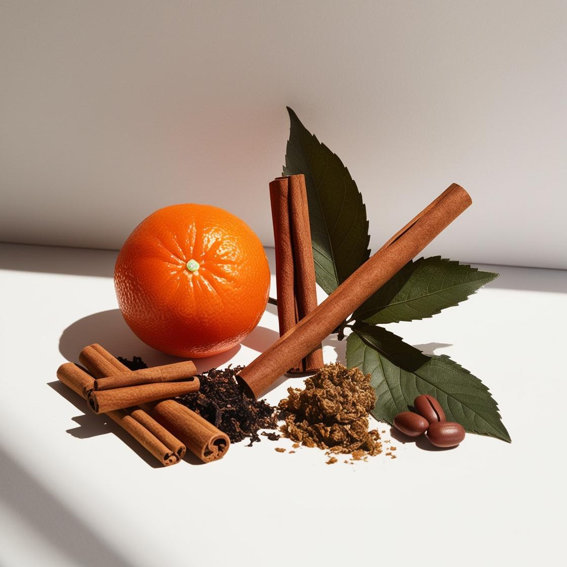 Mandarin, tobacco, myrrh and cinnamon representing the olfactory notes of the perfume.
