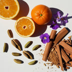 Orange, bergamot and violet representing the olfactory notes of the perfume.