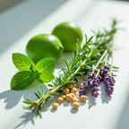 Lime, mint and lavender representing the olfactory notes of the perfume.