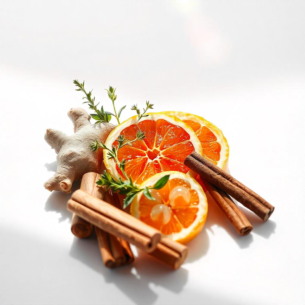 Ginger, grapefruit and cinnamon representing the olfactory notes of the perfume.