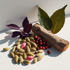Bergamot, wood and cardamom representing the olfactory notes of the perfume.