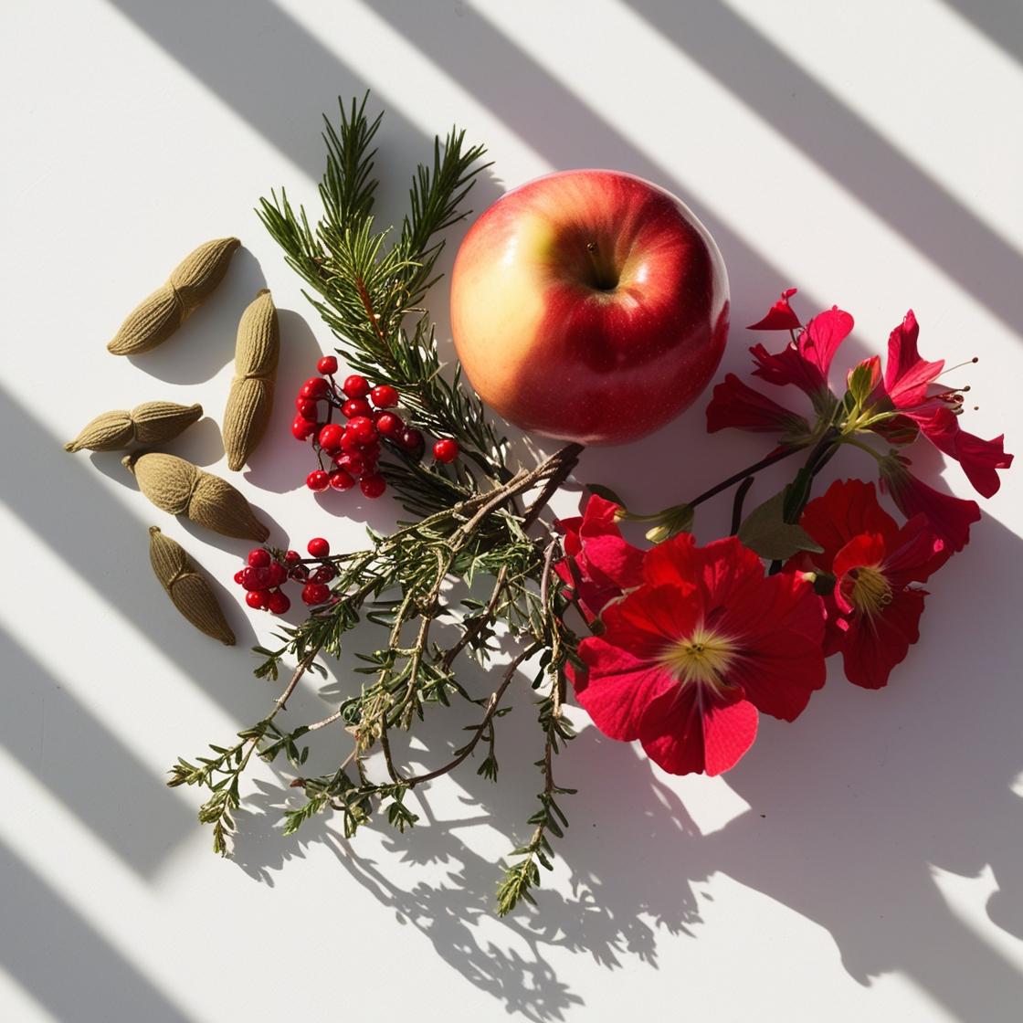 Apple, geranium and tonka bean representing the olfactory notes of the perfume.