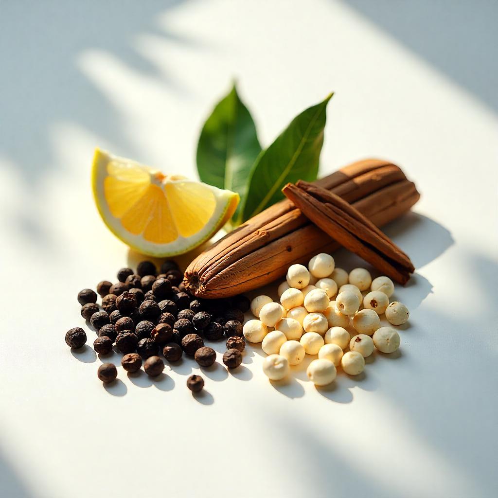 White pepper, black pepper and cocoa representing the olfactory notes of the perfume.