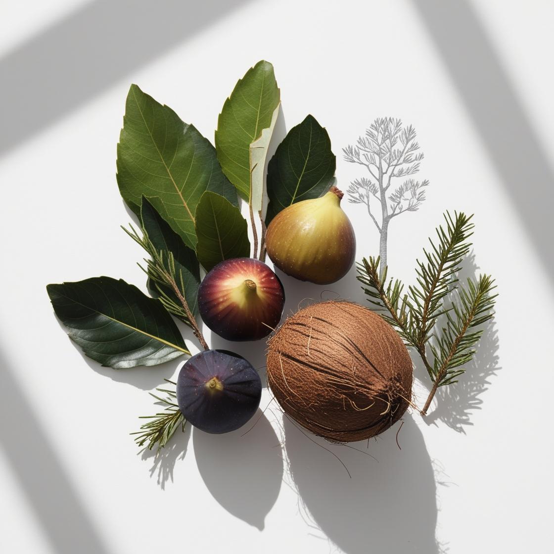 Fig leaves, fig and coconut representing the olfactory notes of the perfume.