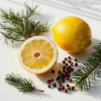 Lemon, pine needle and pepper representing the olfactory notes of the perfume.