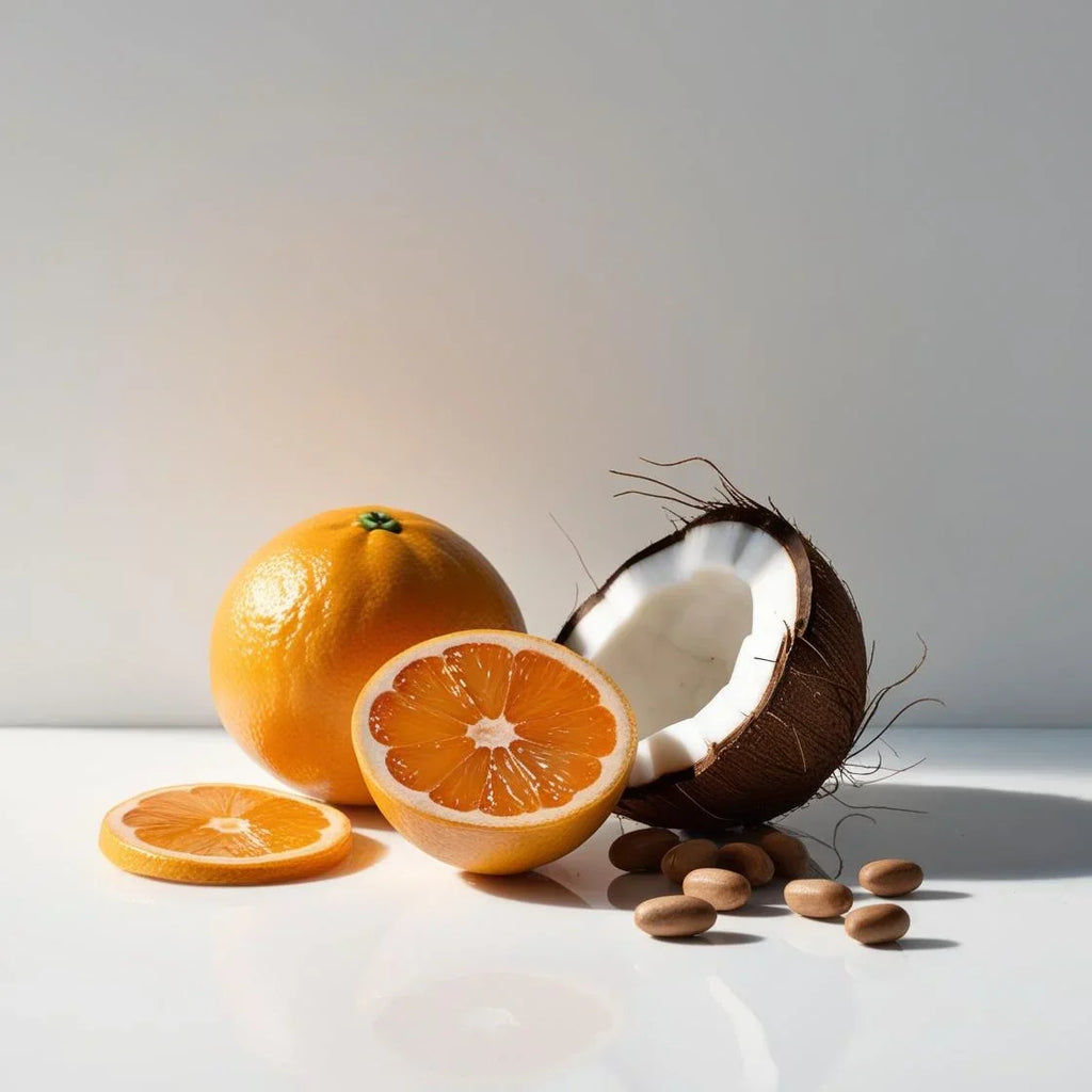 Tonka bean and coconut representing the olfactory notes of the perfume.