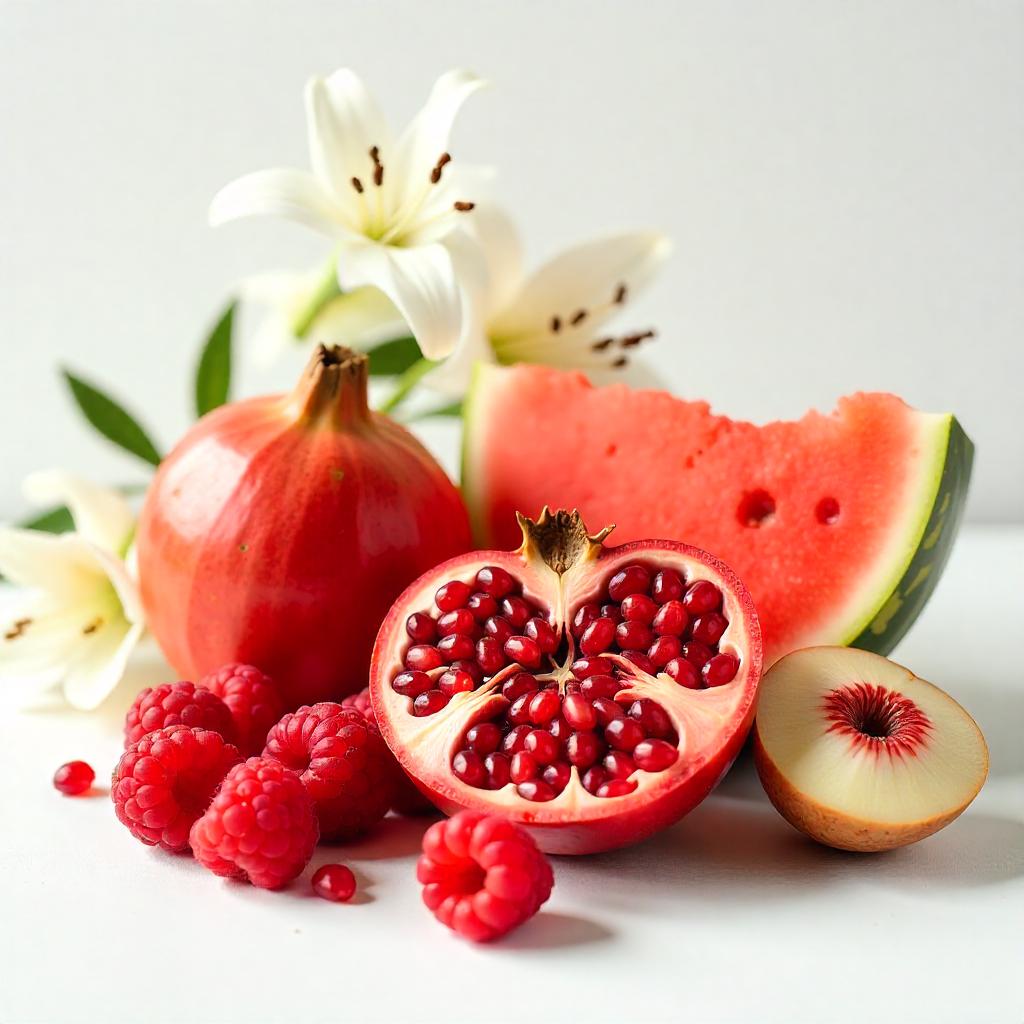 Pomegranate, plum, jasmine, watermelon and raspberry representing the olfactory notes of the perfume.