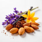 Lavender, myrrh and almond representing the olfactory notes of the perfume.