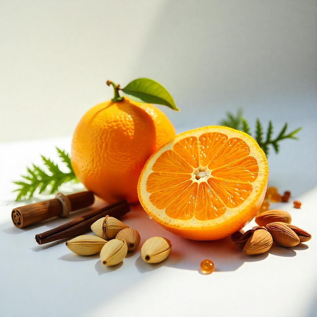 Mandarin, tea leaves and tonka bean representing the olfactory notes of the perfume.