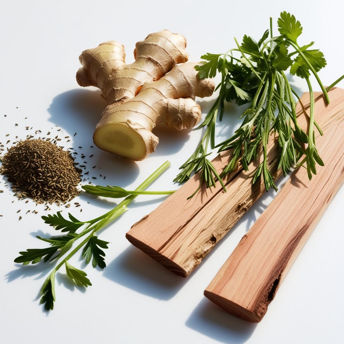 Ginger, coriander and cedar representing the olfactory notes of the perfume.