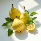 Pear, basil and mint representing the olfactory notes of the perfume.