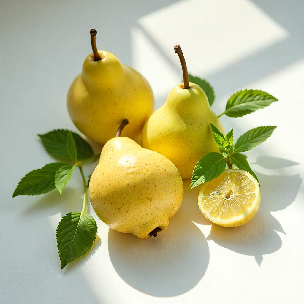 Pear, basil and mint representing the olfactory notes of the perfume.