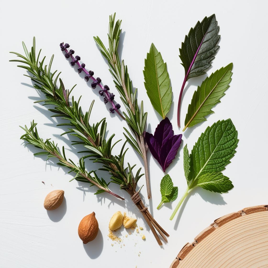 Mint, rosemary, bergamot and wood representing the olfactory notes of the perfume.
