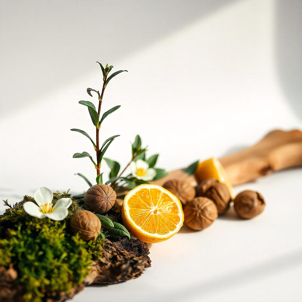 Orange, moss and nut representing the olfactory notes of the perfume.