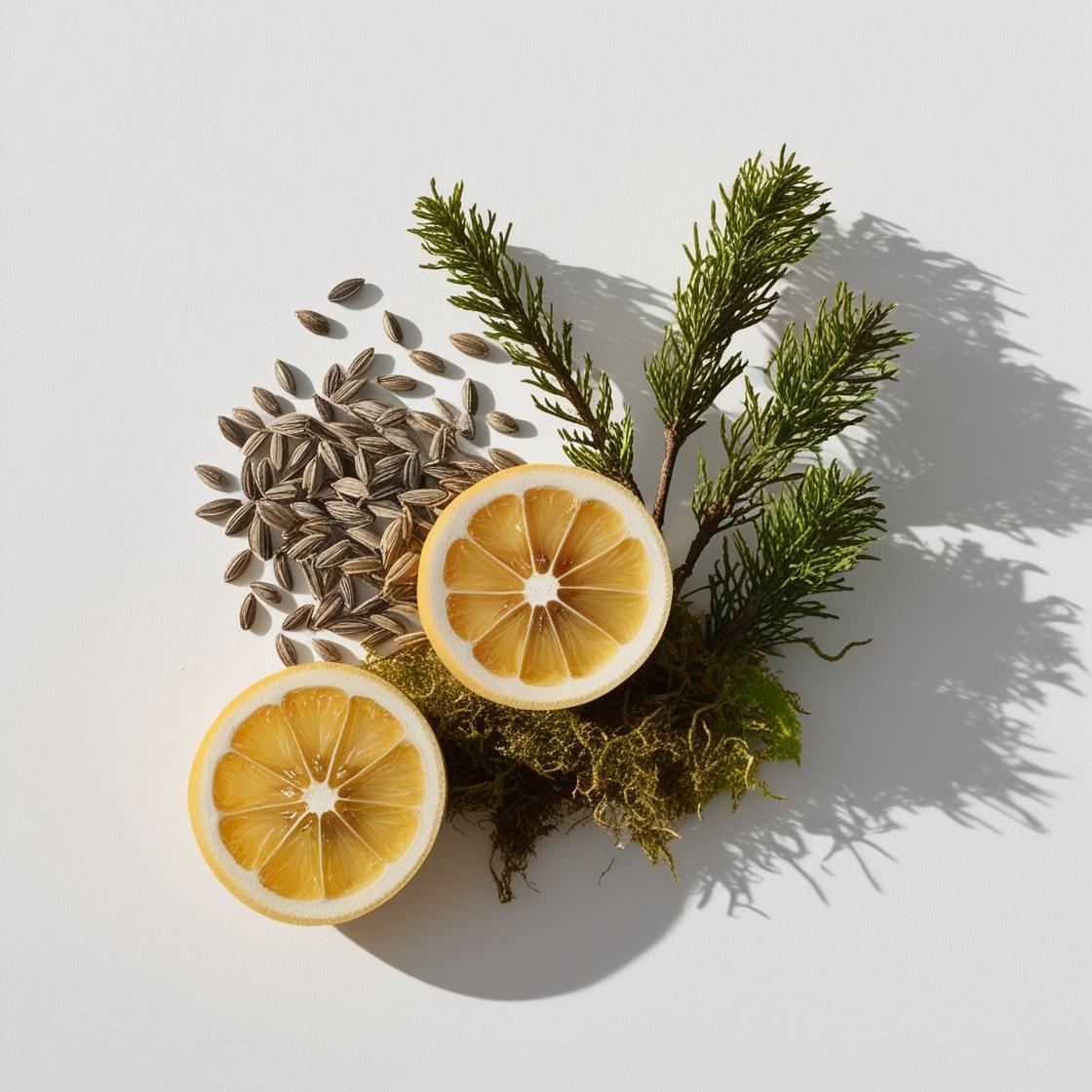 Lemon, moss and tonka bean representing the olfactory notes of the perfume.