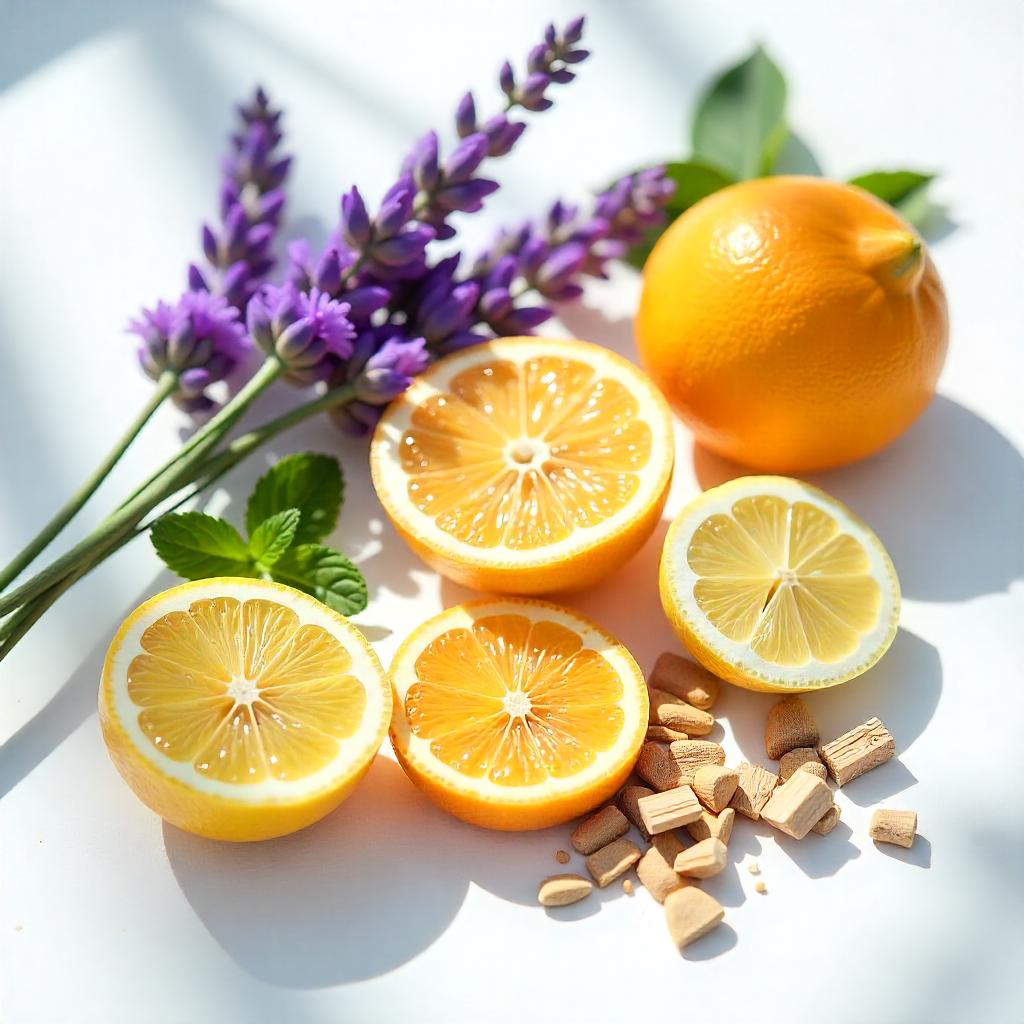 Mandarin, mint, lemon and lavender representing the olfactory notes of the perfume.