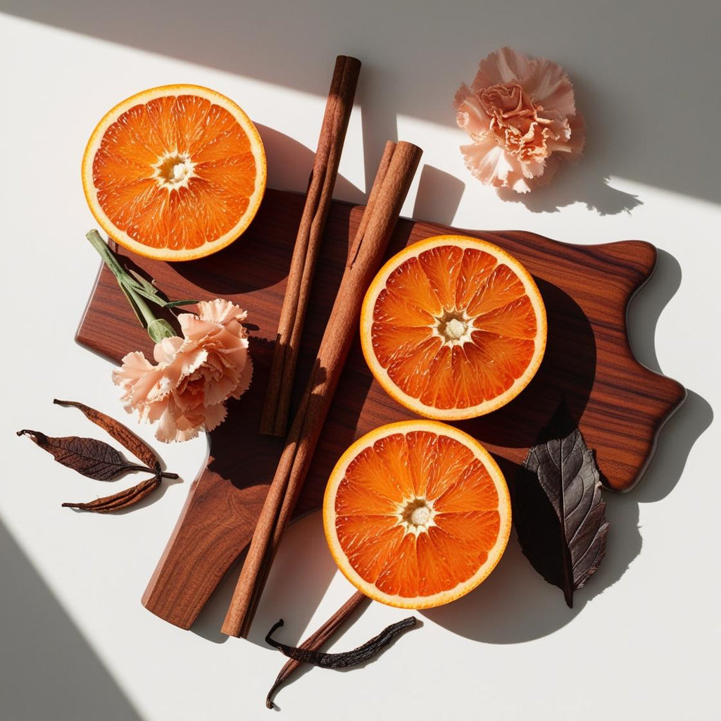 Perfume scent notes with orange, cinnamon, carnation, vanilla and dried leaves