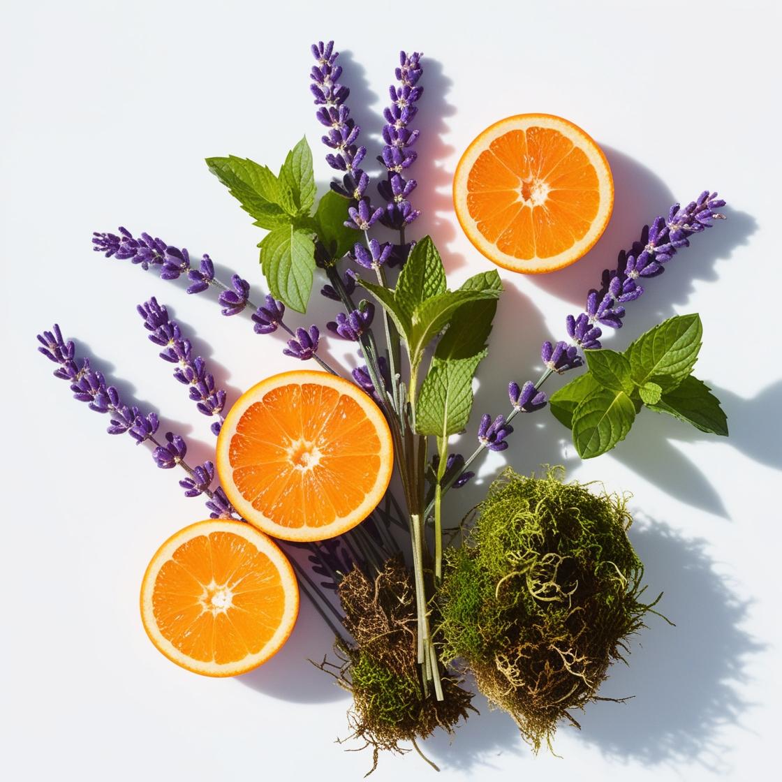 Mandarin, mint, lavender and moss representing the olfactory notes of the perfume.