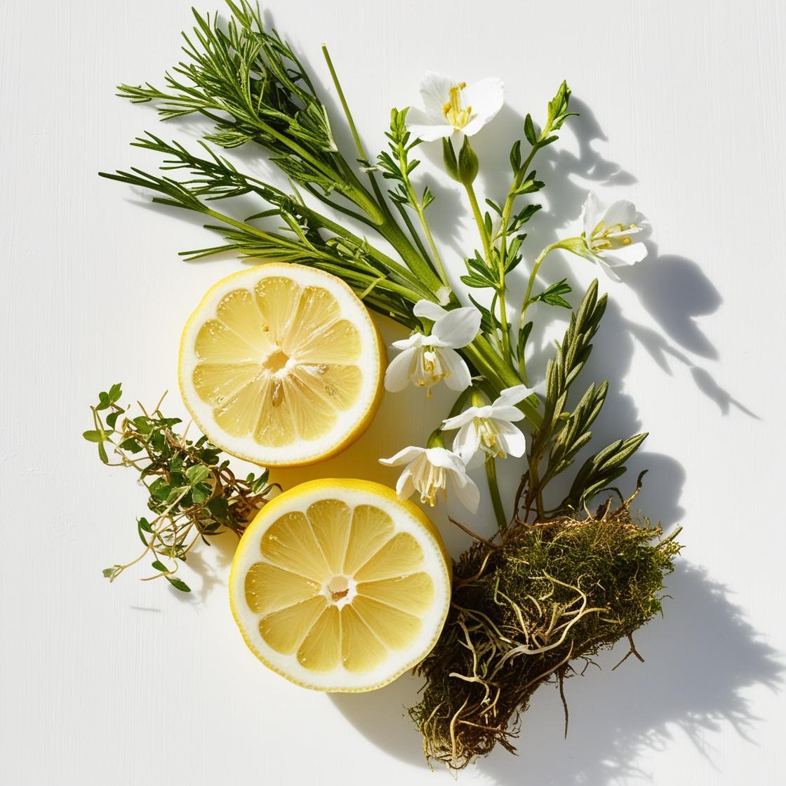 Perfume scent notes with lemon, white flowers, rosemary, thyme and moss
